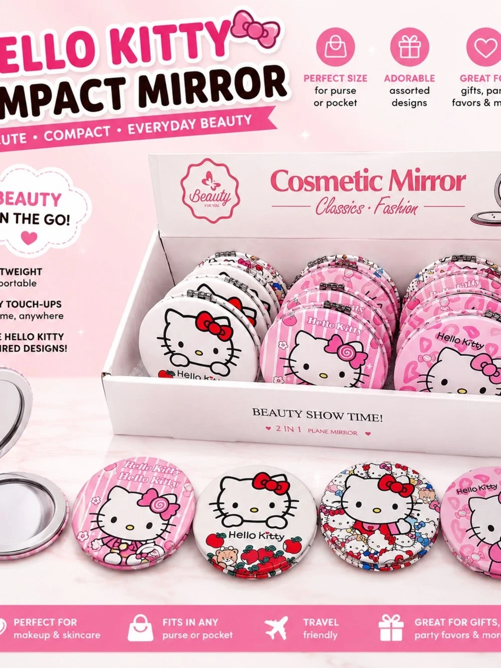 Hello Kitty Pink & White Compact Cosmetic Mirror Set 12 pieces full set